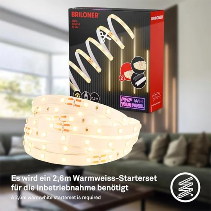 BRILONER Pimp your Panel LED Strip Erweiterungsset, Warmweiß, 2,6m, Weiß - Zimmer Deko, Kürzbare Flexibilität, Konsistente Lichtqualität – Bild 1
