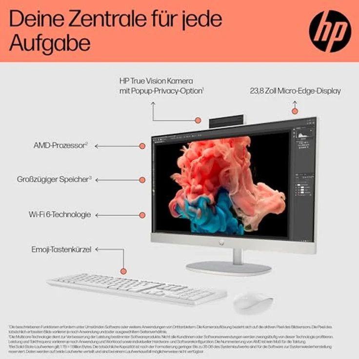 HP All-in-One PC | 23,8" FHD-Display | AMD Ryzen 5 7520U | 16 GB DDR5 RAM | 512 GB SSD | AMD Radeon Graphics| Windows 11 Home | WeiÃŸ – Bild 2
