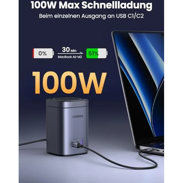 UGREEN USB-C Ladegerät 100W, Nexode Qi2 Ladegerät 15W GaN Wireless Charger 4-in-1 Ladestation mit induktivem Ladeständer, kompatibel mit MacBook Pro/Air, iPhone 12-16 Serien – Bild 4