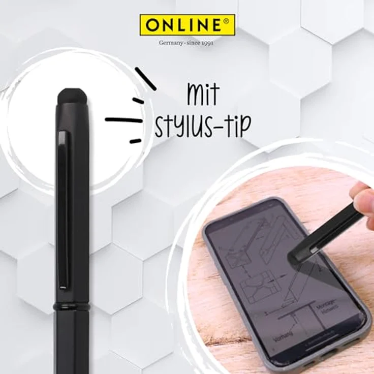 ONLINE Kugelschreiber Hexagon Stylus Black, elegantes Design mit Stylus-Spitze und blauer D1-Mine – Bild 5