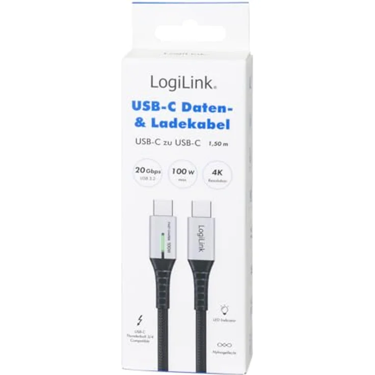 LogiLink CU0433 USB3.2 Kabel, USB-C M/USB-C M, 100W, 20 Gbit/s, 1,5m, schwarz, mit LED-Anzeige und Nylon-Mantel – Bild 6