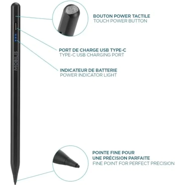 Mobilis Universal Active Stylus, Eingabestift mit 1.45 mm Spitze, schwarz, für Tablets, 10 Stunden Akkulaufzeit, präzise Navigation und Zeichnen, USB-A/USB-C Ladefunktion – Bild 3
