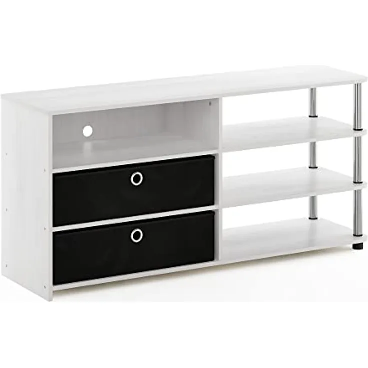 Furinno Jaya Simple Design TV Stand for up to 55-Inch with Bins, Technisches Holz, Weiß Eiche/Edelstahl/Schwarz, 33.3 x 118.4 x 56.4 cm (B x H x T)