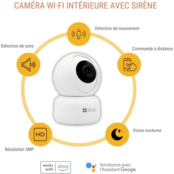 Konyks Camini 2, Überwachungskamera für den Innenbereich WiFi mit 3 MP HD-Auflösung, Bewegungserkennung, Geräuscherkennung, integrierter Sirene und Nachtsicht – Bild 2