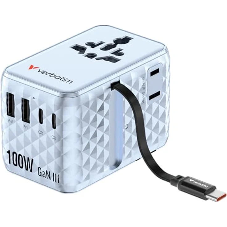 Verbatim Charge 'n' Travel 100W Universaler Reiseadapter, mit einziehbarem USB-C-Kabel, GaN III-Technologie, 7-in-1 Ladefunktion, EU/UK/US/AUS Steckformat – Bild 1