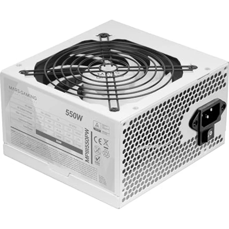 Mars Gaming MPIII550P, PC-Netzteil ATX 550W, 85% Effizienz, 5 Jahre Garantie, Digitales APFC-System, Weiße Flachkabel, 120mm FDB-Lüfter mit AI-RPM – Bild 1
