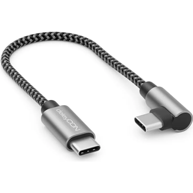 deleyCON 0,15m USB C Kabel 1x 90° Gewinkelt PD3.0, 60W Schnellladekabel in Spacegrau für iPhone 16/15 Pro Max, Samsung S24/S23/S22, Pixel, iPad Pro, MacBook Air, Switch, PS5 – Bild 1