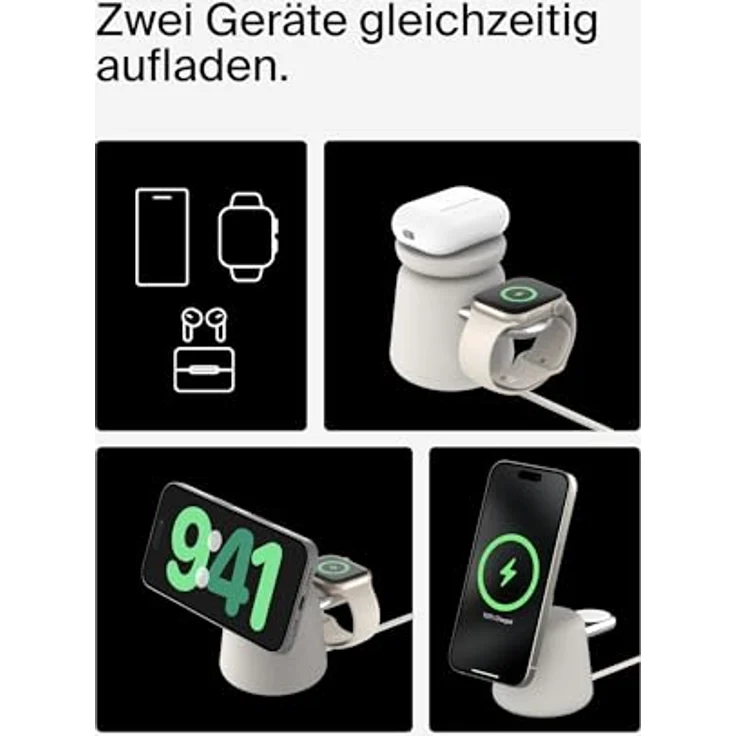 Belkin BoostCharge Pro kabellose 2-in-1-Ladestation mit Qi2 (15 W), MagSafe für iPhone 16, 15, 14, 13, 12, Apple Watch, AirPods, inkl. Netzteil – Sandfarben – Bild 3