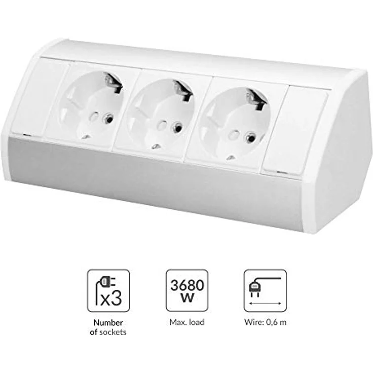 Orno Möbelsteckdose 3x2P + Z, Schuko Steckdosenleiste in Weiss und Silber, 0.60 m Länge, ideal für Smart Home – Bild 3