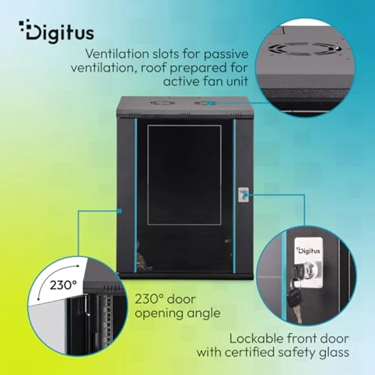 DIGITUS Netzwerkschrank Dynamic-N, 19-Zoll Rack 16HE, unmontiert, Wandmontage, 450 mm Tiefe, 320 mm Nutztiefe, 60 kg Traglast, abschließbare Glastür, schwarz – Bild 4