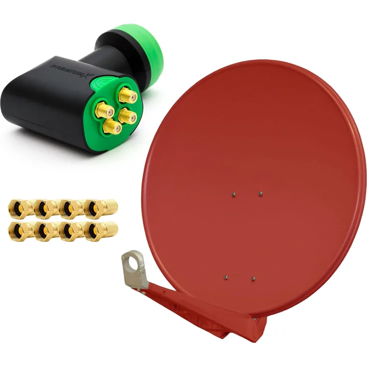 PremiumX DELUXE80 Satellitenantenne 80 cm Aluminium rot, Quad LNB, 8x F-Stecker, geeignet für Multifeed-Anlagen