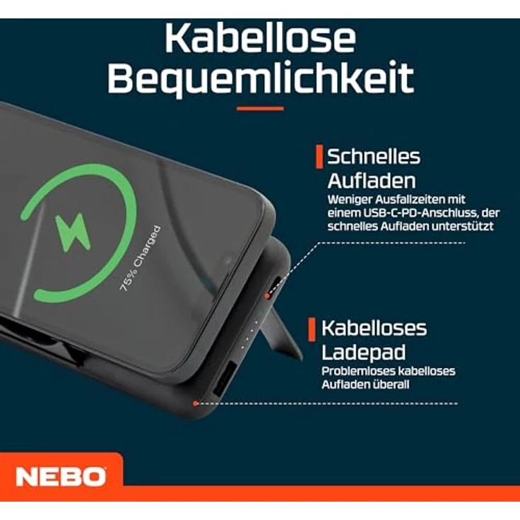 NEBO 10K Powerbank, Kabellos, 10.000mAh, Schnellladefunktion, integrierte Digitalanzeige und Ständer, Travel Essentials – Bild 3