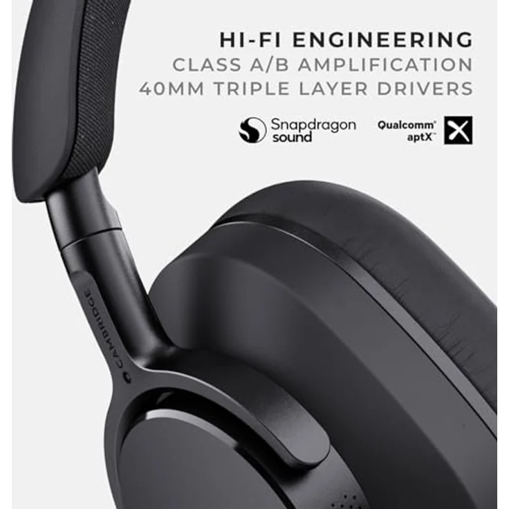 Cambridge Audio Melomania P100 Kopfhörer – Bluetooth, aktive Geräuschunterdrückung mit Hi-Fi-Sound, 100 Stunden Wiedergabe mit vom Benutzer austauschbarem Akku, Gaming-Modus und Tragetasche – Schwarz – Bild 3