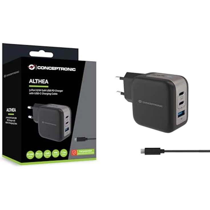 Conceptronic 3-Port Ladegerät 67W, 2xUSB-C, 1xUSB-A, 3-in-1, Schwarz – Bild 1