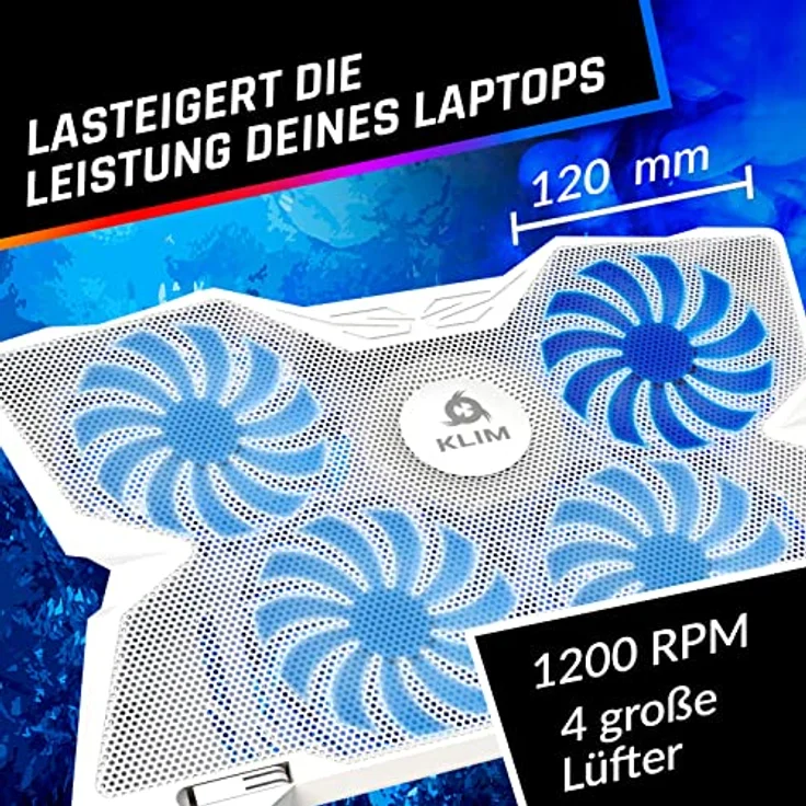 KLIM® Wind Laptop Kühler, USB Powered, 4 leistungsstarke Lüfter, stabil und leise, für PC, Mac, Xbox, PS4, 15-17 Zoll, Weiß – Bild 3