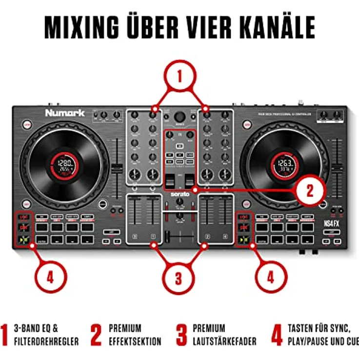Numark NS4FX – 4-Kanal DJ Controller Pult, Touch-Jogwheels mit Display, Pads und Effekten, Booth- und Main-Ausgänge, Serato DJ Lite enthalten – Bild 4
