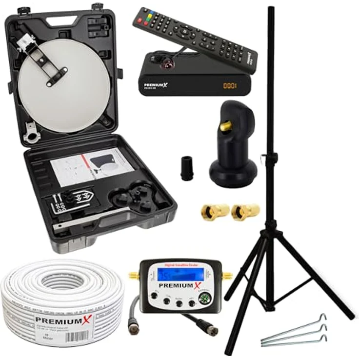 PremiumX Camping Satellitenanlage, Satellitenschüssel mit HD TV Receiver, SAT-Finder, Single LNB, 10m Kabel, im Koffer mit Stativ – Bild 1