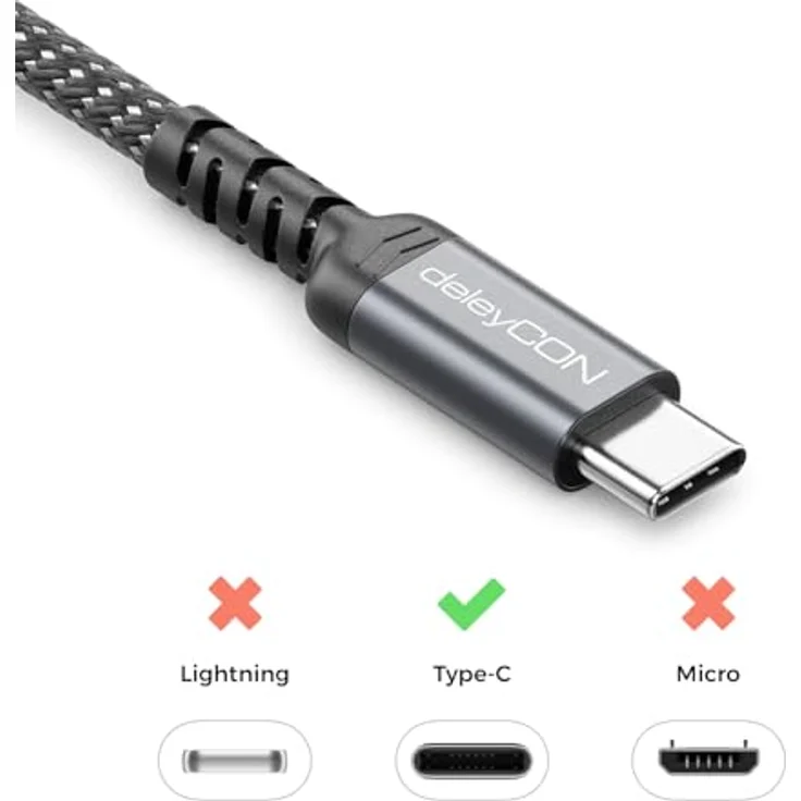 deleyCON 1m 240W USB-C Ladekabel, Schnellladekabel PD3.1, 48V 5A, Nylonkabel mit Knickschutz, für iPhone 17/16/15 Pro Max, Galaxy A16/A56/S25/S24/S23, Pixel, iPad Pro, MacBook, AirPods, Tablet, Switch, PS5 – Bild 4