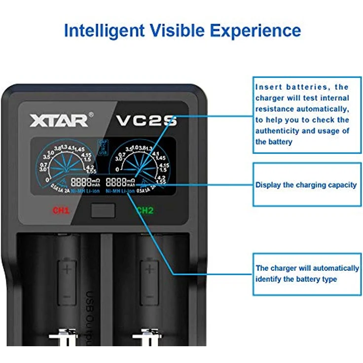 18650 Batterie ladegerät XTAR VC2S VC2 2019 Verbesserte LCD-Anzeige mit Power Bank-Funktion und überprüfen Sie die Echtheit der Batterien für 18650 18700 20700 21700 22650 25500 26650 AAA A SC C – Bild 4