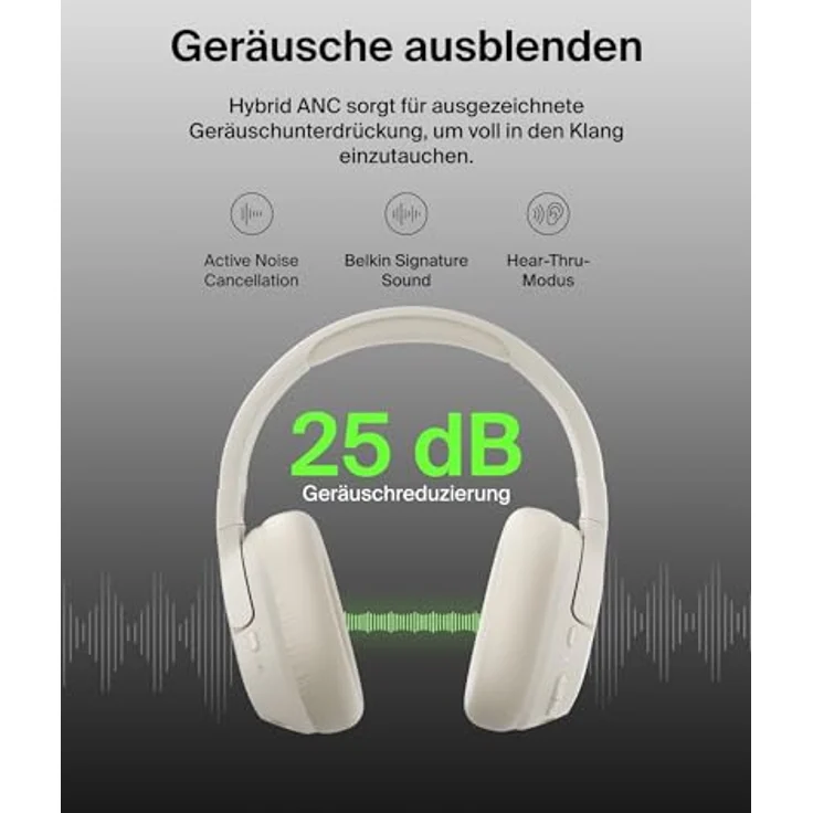 Belkin SoundForm Isolate Noise Cancelling Kopfhörer kabellos Bluetooth Kopfhörer, Headset mit Mikrofon, Over-Ear-Kopfhörer mit 60 Stunden Wiedergabe, tiefer Bass, CloudCushion Hörmuscheln – Sandfarben – Bild 2
