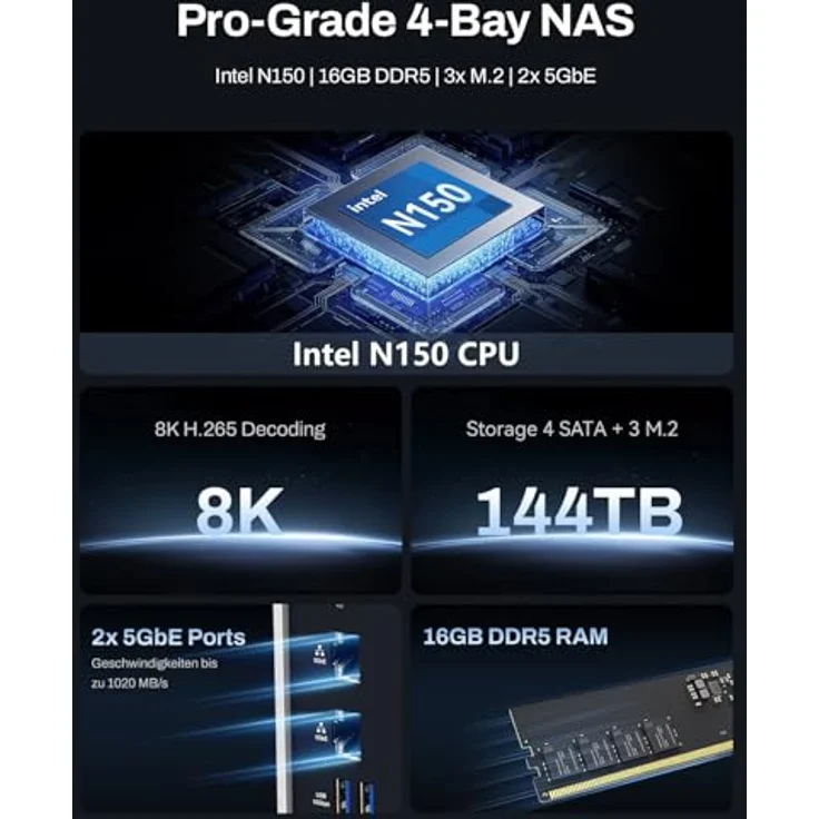 TERRAMASTER F4-425 Plus NAS-Speicher – 4 Einschübe, Intel N150 Quad-Core-CPU, 16 GB DDR5 RAM, 2 x 5 GbE LAN, 3 x M.2-Steckplatz, Aluminium-Gehäuse, ohne Festplatte – Bild 2