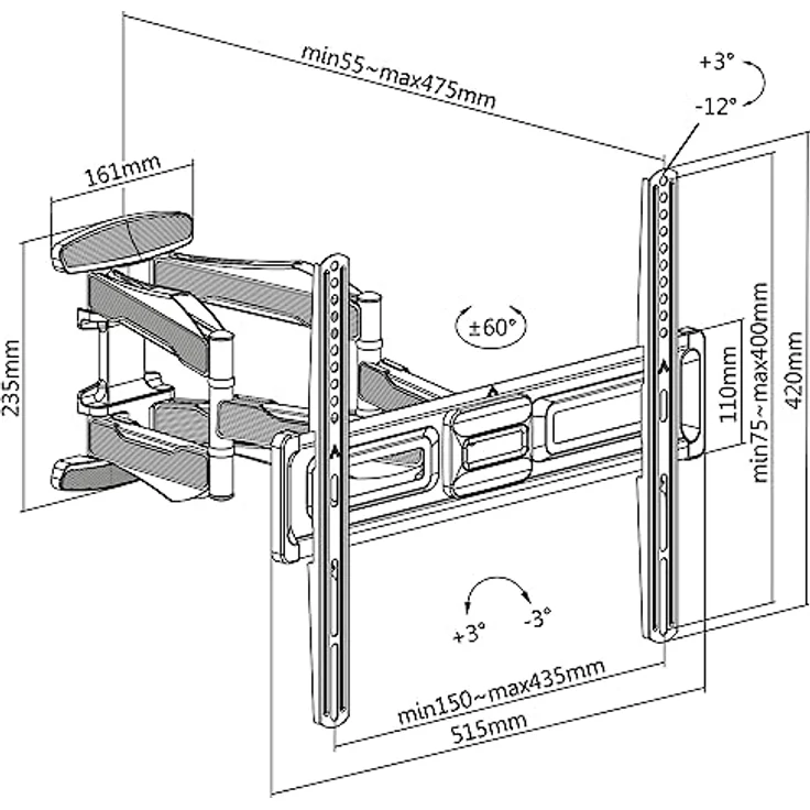 CAVO TV-Wandhalterung, schwenkbar, neigbar, für 32-70 Zoll Bildschirme bis 45 kg, max. VESA 400x400 mm – Bild 5