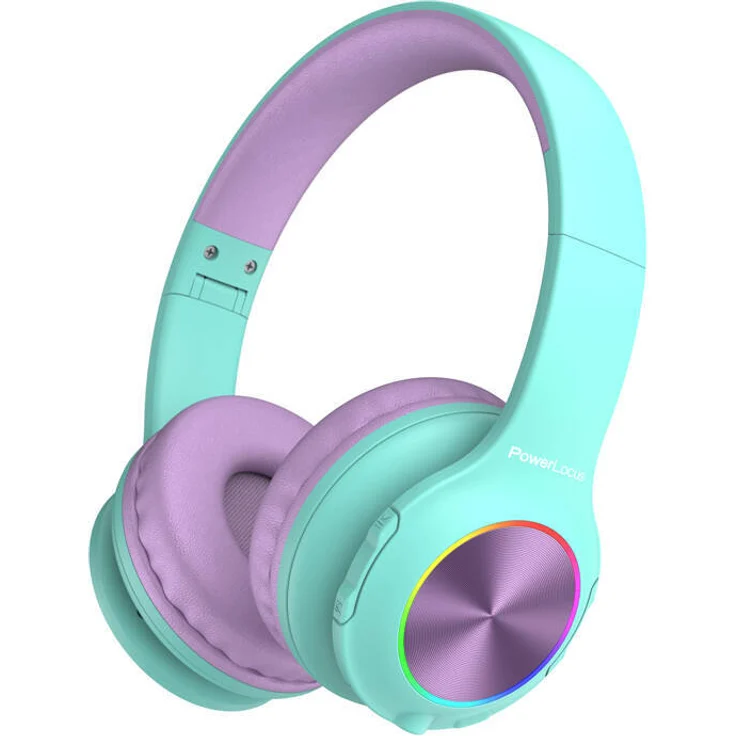 PowerLocus Kabellose Kopfhörer für Kinder PLED (blau-lila) LED-Hintergrundbeleuchtung, 40mm Treiber, Bluetooth 5.3