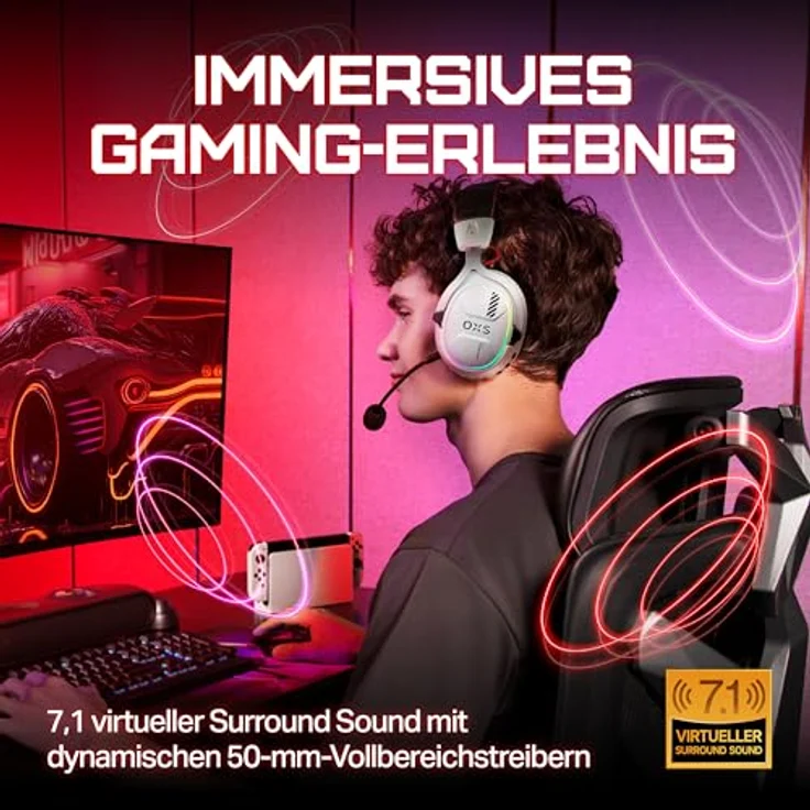 OXS Storm G2 Kabelloses Gaming-Headset, 7,1 Virtueller Surround Sound, 3 EQ Modi, 2,4 GHz Niedrige Latenz, RGB Beleuchtung, Bluetooth 5.3, Weiß – Bild 2