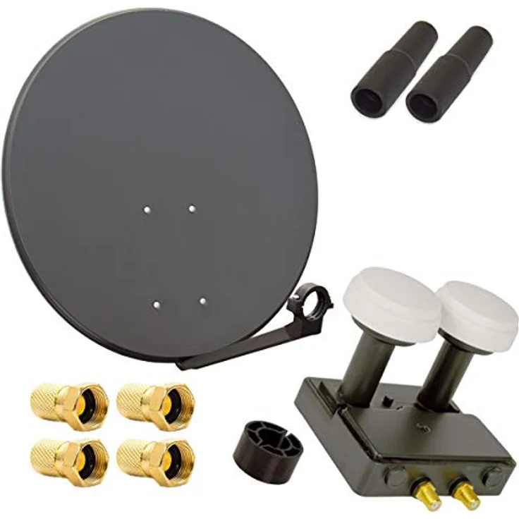 PremiumX PXS80 Satelliten-Komplettanlage, 80 cm Anthrazit Satellitenschüssel mit Twin Monoblock LNB für Astra und Hotbird, 2 Teilnehmer – Bild 1