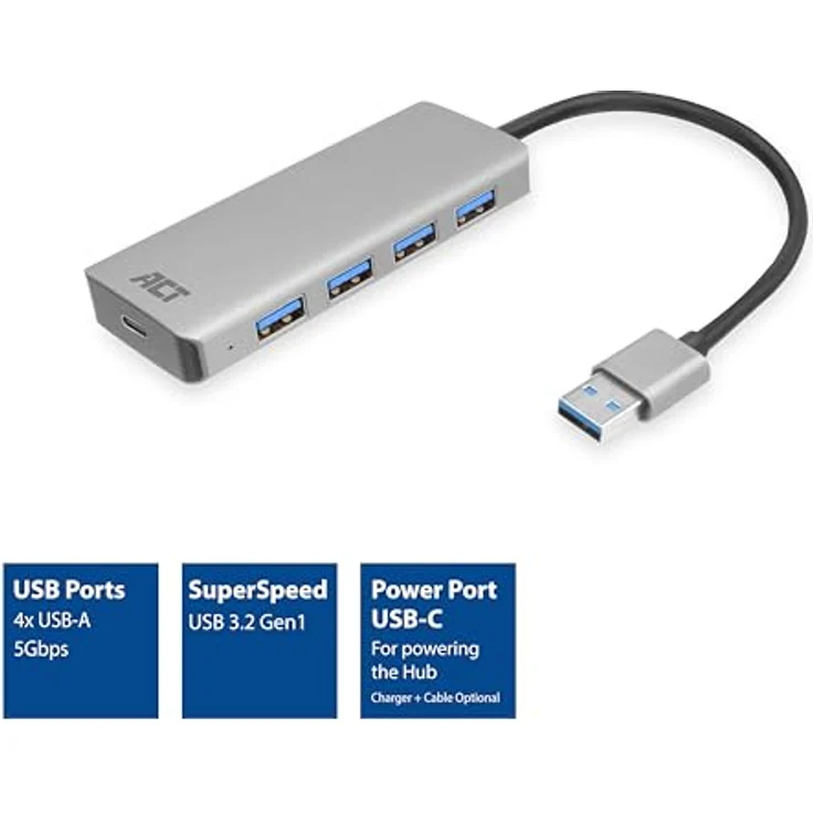 ACT USB Hub 3.0 AC6121, 4-Port USB 3.2, 5Gbps Datenübertragung, optionaler USB-C Stromanschluss, Plug & Play für PC/Notebook – Bild 2