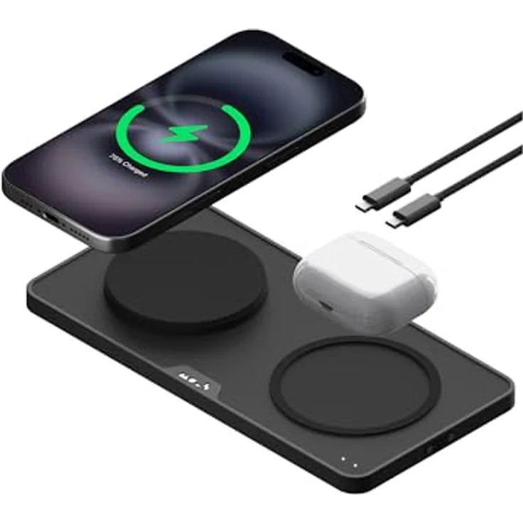 Mous Dual-Ladestation, Qi2 bis zu 15 W Schnellladung, MagSafe-kompatibel, USB-C, Mattschwarz – Bild 1