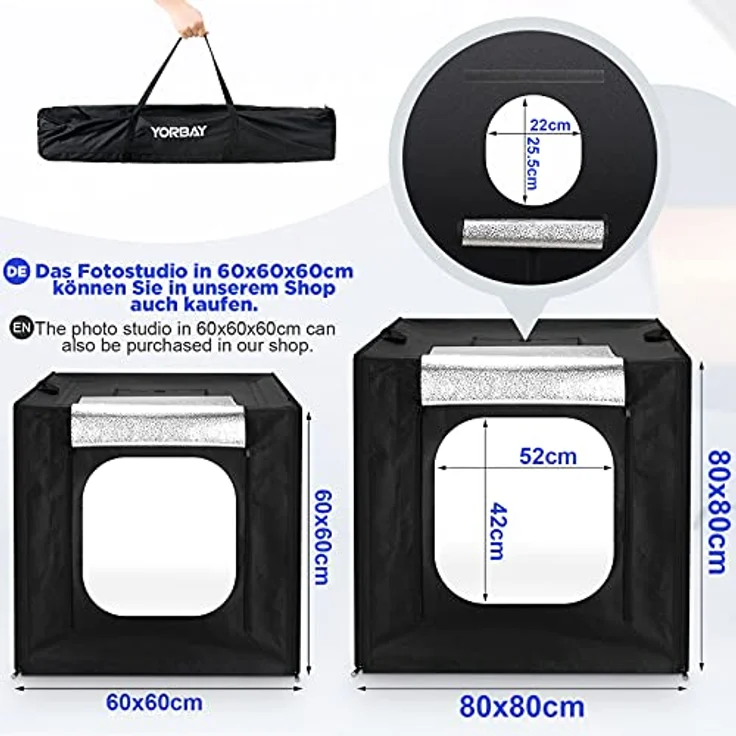Yorbay Fotostudio Set 80 x 80 x 80cm CRI 95+ LED-Fotobox Lichtbox Lichtwürfel inkl. 4 PVC-Hintergrundfolien (schwarz, weiß, grau, warm-weiß) – Bild 2