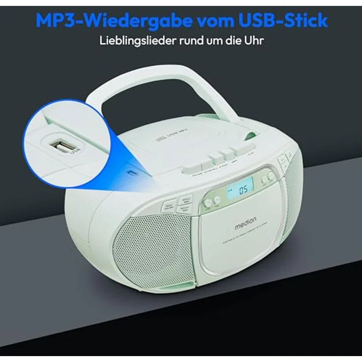 Medion LIFE E66476 CD-/MP3-/Kassettenplayer mit LCD-Display, PLL-UKW Stereo-Radio, USB-Anschluss, grün – Bild 3