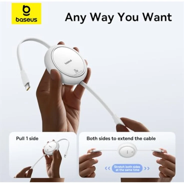 Baseus Free2Pull, Einziehbares USB-C auf Lightning Schnellladekabel, 1 m, 20W, Weiß, Hochgeschwindigkeits-Datenübertragung bis 480 Mbit/s – Bild 2