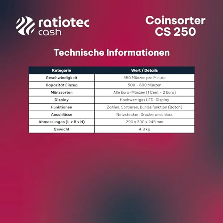 ratiotec Münzzähl- und Sortiermaschine CS 250, 550 Münzen/Min, LED-Display, 8 Hartgeldfächer, robustes Kunststoffgehäuse – Bild 7