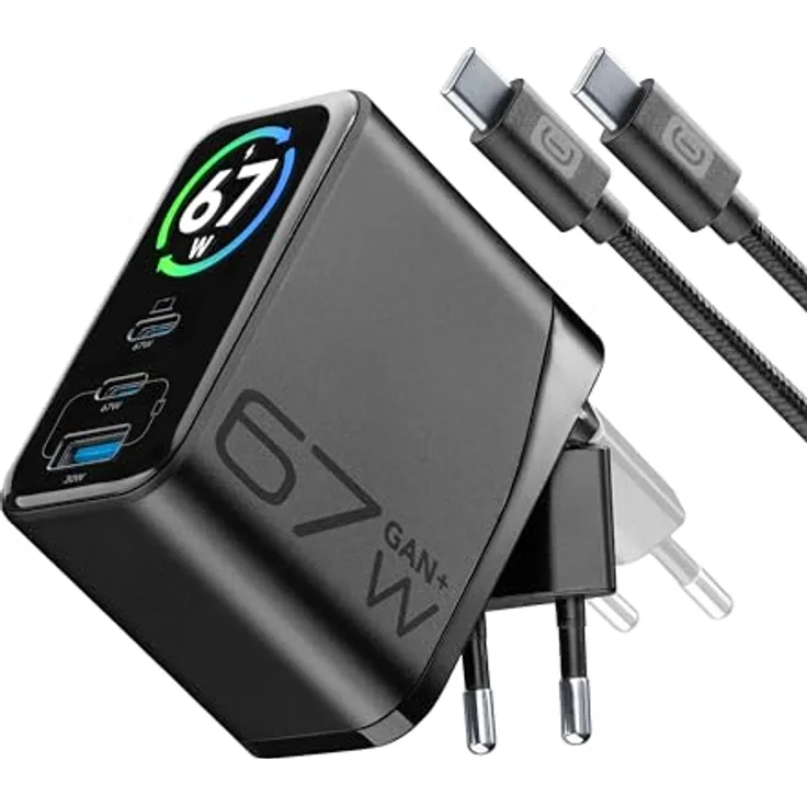 Cellularline PowerView IQ Kit ACH 67W, Netzladegerät-Kit mit smartem TFT-Display, klappbarem Stecker, GaN+ Technologie, inkl. 150 cm USB-C Kabel, Schwarz