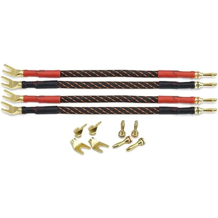 Dynavox Bi-Wire Kabelbrücken 2x rot / 2x schwarz, Reines Kupfer (99,99 OFC), wechselbare Bananenstecker/Gabelschuhe, 4er-Set
