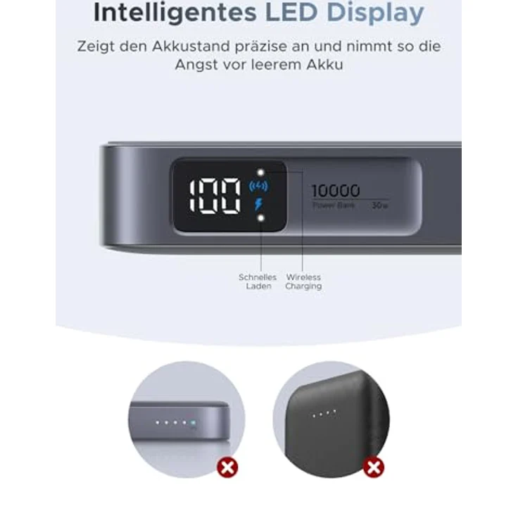 UGREEN MagFlow Magnetische Powerbank 10000mAh 25W, Qi2 Magsafe Powerbank mit integriertem Kabel, LED-Bildschirm, PD30W USB-C Schnellladung, Grau – Bild 5