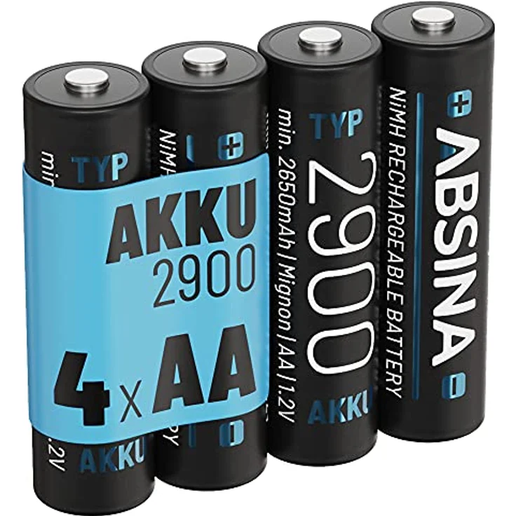 ABSINA Akku AA wiederaufladbar 2900 4er Pack - NiMH AA Akku mit 1,2V & min. 2650mAh - Akkus AA für Geräte mit hohem Stromverbrauch - Ideal für Xbox Controller, Blitzgerät, und Wii – Bild 1