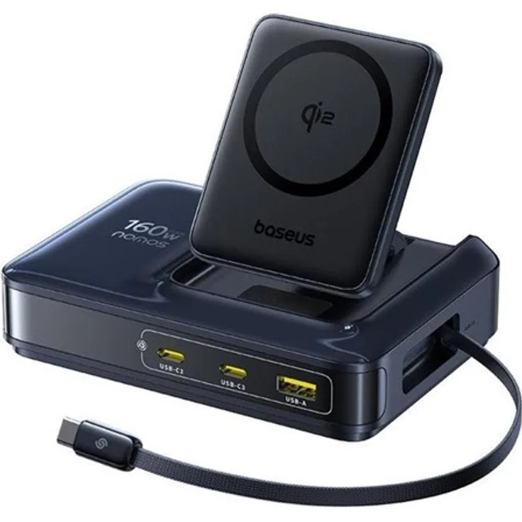 Baseus Nomos NH21 Qi2 160W 4-in-1 Wireless Charging Station mit zurückziehbarem Kabel, Schwarz