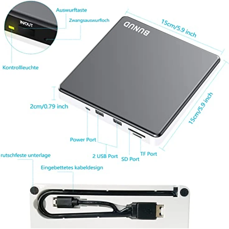 BUNUD Externes CD DVD Laufwerk USB 3.0 Type-C mit USB & SD/TF, Optical CD-ROM Brenner für Laptop Windows 11 10 Mac MacBook Air Pro Apple iMac PC – Bild 3