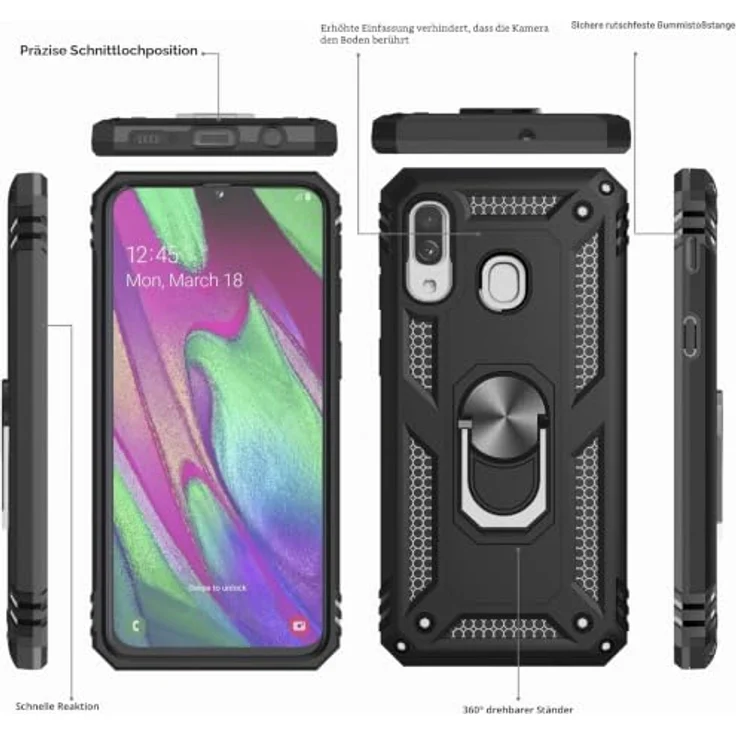 LeYi Schutzhülle für Samsung Galaxy A40, militärisch verstärkt mit doppelter Schicht, Stoßdämpfung, Ringhalterung, TPU/Silikon, Schwarz, 2 Stück Hartglas Displayschutzfolie – Bild 2
