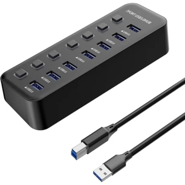 PremiumCord SuperSpeed USB Hub 7x USB Typ A, USB 3.2 Gen 1 5Gbps, Portswitch mit Hot-Plug und LED, schwarz, Kabellänge 1m – Bild 1