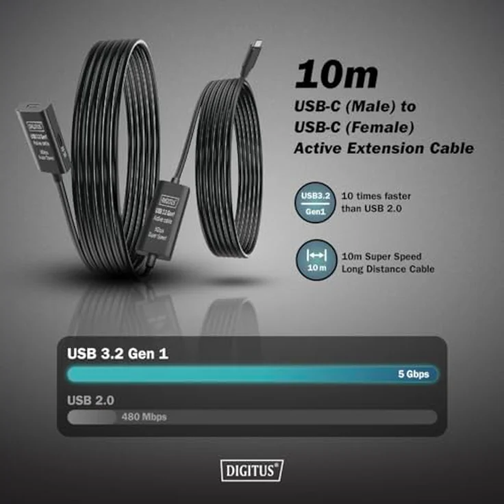 DIGITUS Aktives USB Verlängerungskabel - USB-C Buchse zu USB-C Stecker - 10 m - USB 3.2 Gen1-5 Gbit/s - Plug & Play - mit Signalverstärker - Schwarz – Bild 2