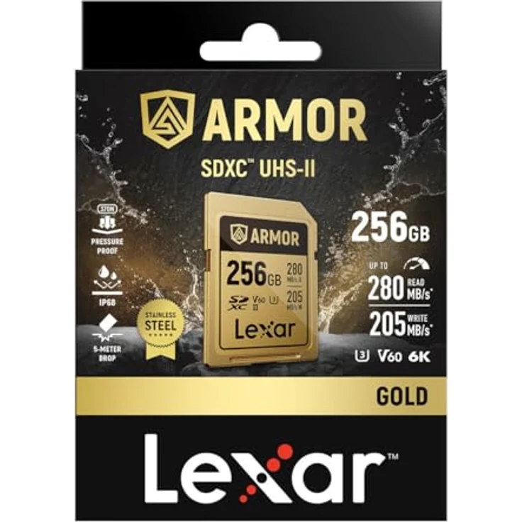Lexar SDXC Pro Gold Series ARMOR UHS-II V60, 256 GB Speicherkarte mit Edelstahlkern, IP68 wasserdicht und stoßfest, Lesegeschwindigkeit bis zu 280 MB/s – Bild 7