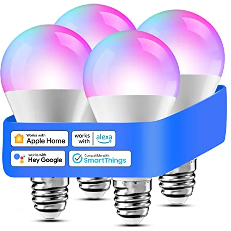 meross Smart WLAN Glühbirne für HomeKit Wifi Lampe LED Mehrfarbige Dimmbare Glühbirne RGBWW kompatibel mit Siri, Alexa, Google Home und SmartThings, E27 Warmweiß, 4 St.
