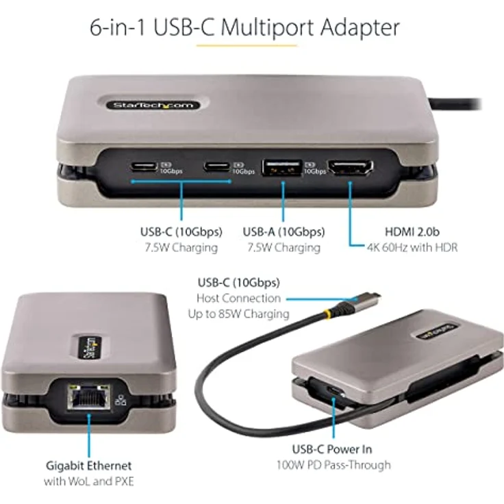 StarTech.com USB C Multiport Adapter-Dockingstation, USB-C Auf HDMI 2.0b 4K 60Hz, HDR, USB Hub, Ethernet, 100W PD, Thunderbolt 3/USB C Mini Dock/Reiseadapter, Laptop Docking Station (DKT31CH2CPD3) – Bild 3
