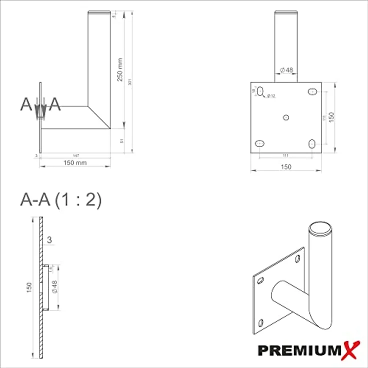 Premium X 10-15cm Wandhalter Stahl verzinkt Ø 48mm Winkel Wand-Halterung für Satelliten-Schüssel SAT-Antenne – Bild 3