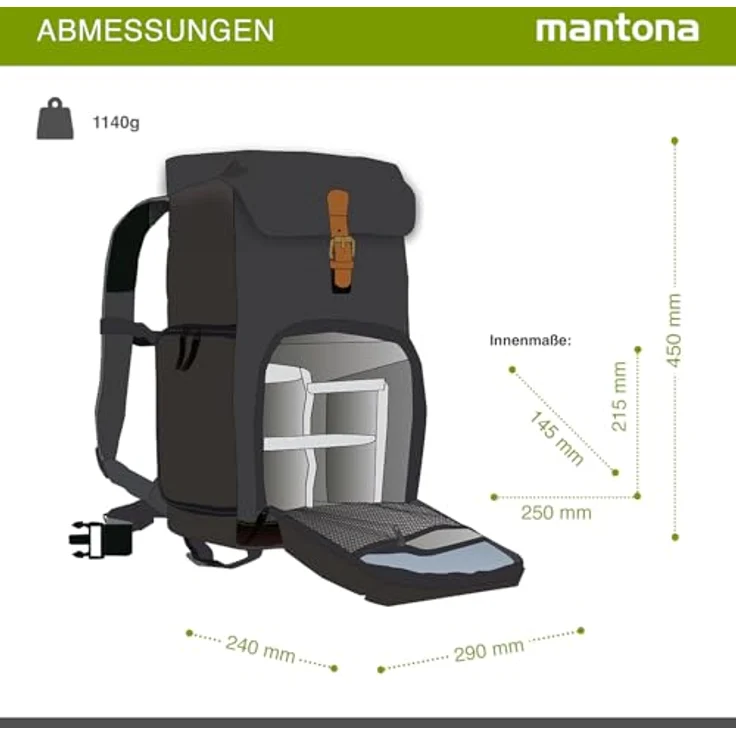 Mantona Luis junior Retro Fotorucksack (mit Echtleder-Applikationen, inkl. Regenschutzhülle, flexible Einteilung und Tablet-Fach für 1x DSLR-Kamera, 1-2 Objektive und diverses Fotozubehör) schwarz – Bild 8