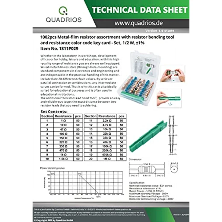 QUADRIOS GmbH Widerstands Sortiment Set Box Metallschicht-Widerstände bedrahtet 1Ohm - 1M Ohm Sortimentskasten 20 Standardwerte E24 je 20 St (1000 Teile, 0,5 W, Toleranz: 1%) 1811P029 1000 Stück – Bild 3